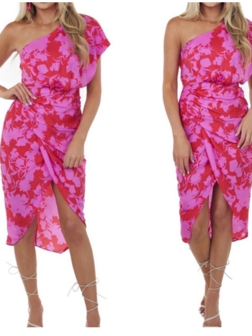 DO+BE One-Shoulder Pink & Red Floral Midi Dress